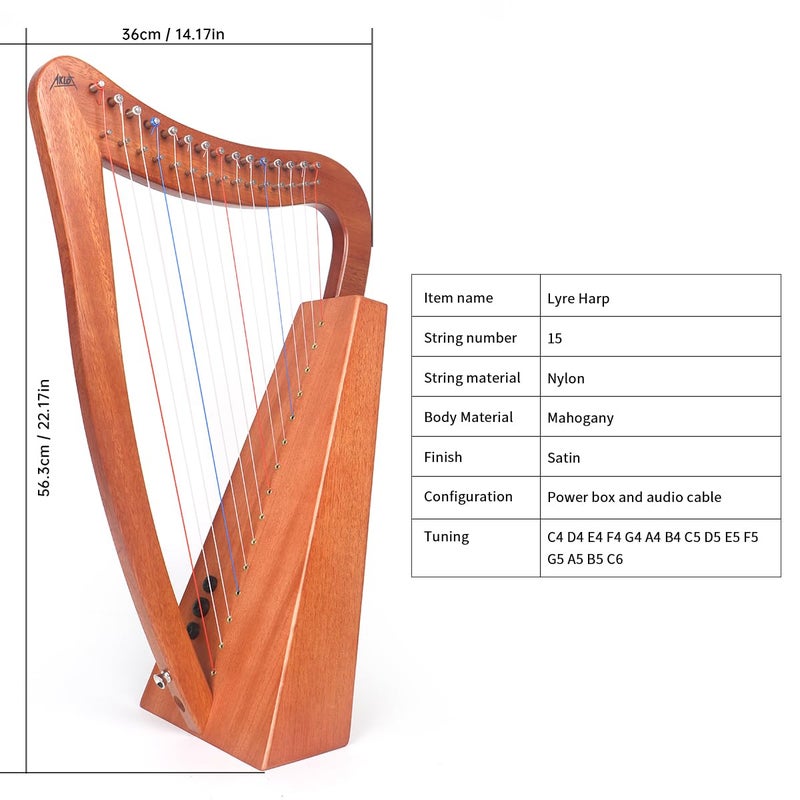 AKLOT Harp, AKLOT 15 Strings Mahogany Lyer Harp 22 inch Height with Electric Box, Tuning Wrench, Black Bag and Strap,Lyer Kit Gift for Adult Professional Beginner - Image 2
