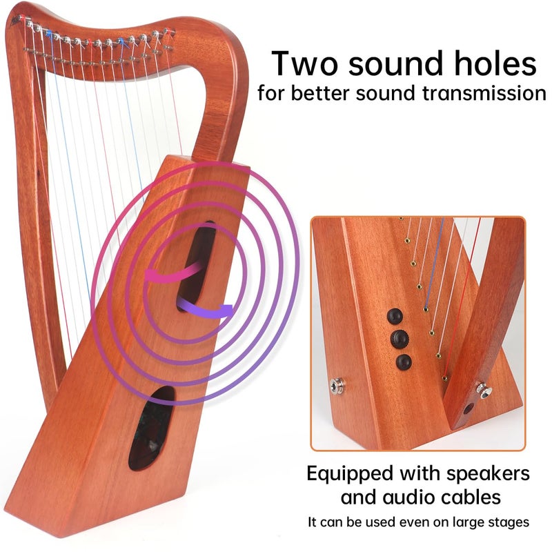 AKLOT Harp, AKLOT 15 Strings Mahogany Lyer Harp 22 inch Height with Electric Box, Tuning Wrench, Black Bag and Strap,Lyer Kit Gift for Adult Professional Beginner - Image 3
