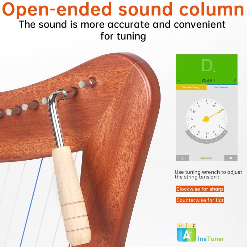 AKLOT Harp, AKLOT 15 Strings Mahogany Lyer Harp 22 inch Height with Electric Box, Tuning Wrench, Black Bag and Strap,Lyer Kit Gift for Adult Professional Beginner - Image 4