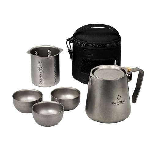 Thous Winds Titanium Tea Set Portable Kung Fu Tea Pot with 3 Tea Cups Doublelayer Teapot with Strainer Lightweight Tea Make for Outdoor Camping Backpacking Coffee - Image 1