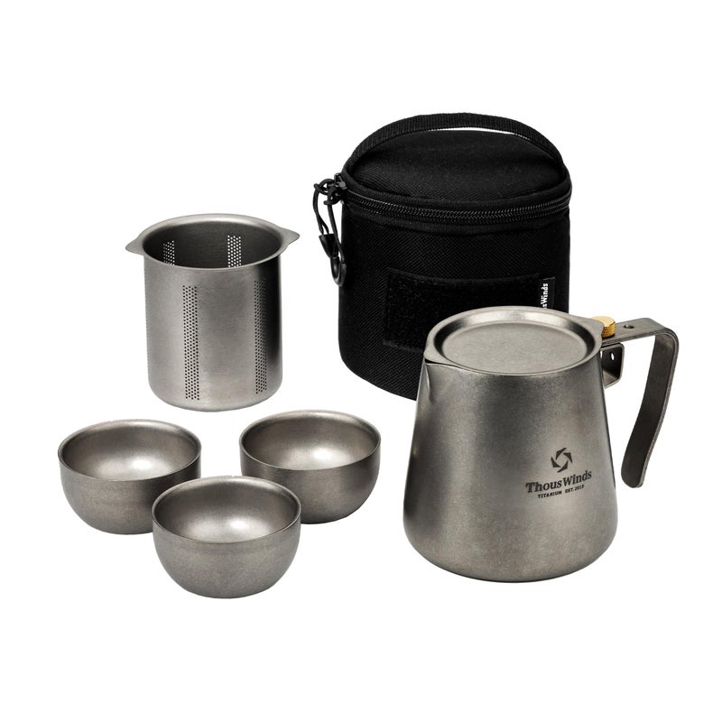 Thous Winds Titanium Tea Set Portable Kung Fu Tea Pot with 3 Tea Cups Doublelayer Teapot with Strainer Lightweight Tea Make for Outdoor Camping Backpacking Coffee - Image 2