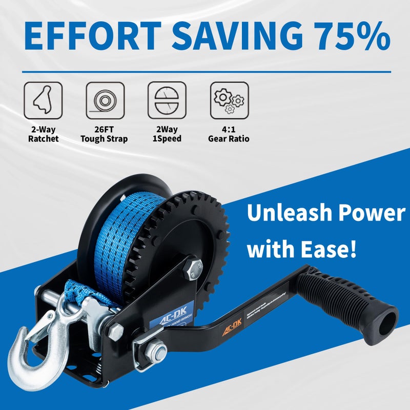 AC-DK 1600lbs Heavy Duty Boat Trailer Winch with 26FT Strap, 2-Way Ratchet u0026 4:1 Gear Trailer Winch, Portable Hand Crank Winch for Boat, Truck, Trailer, RV, ATV, Jet Ski - Image 2