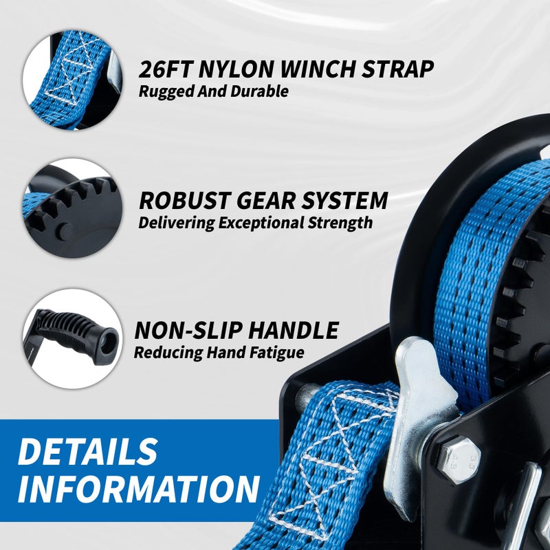 AC-DK 1600lbs Heavy Duty Boat Trailer Winch with 26FT Strap, 2-Way Ratchet u0026 4:1 Gear Trailer Winch, Portable Hand Crank Winch for Boat, Truck, Trailer, RV, ATV, Jet Ski - Image 3
