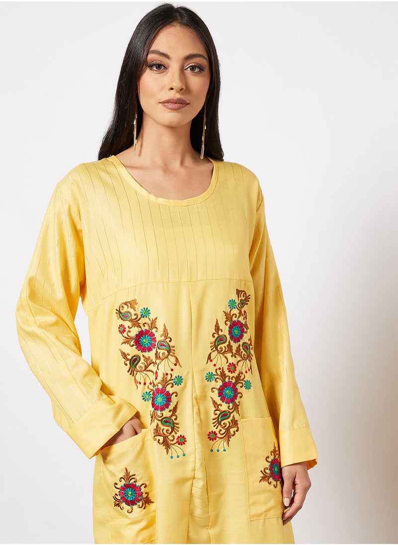 HANA & SARA - Casual Embroidered Round Neck Jalabiya For Women - Image 1