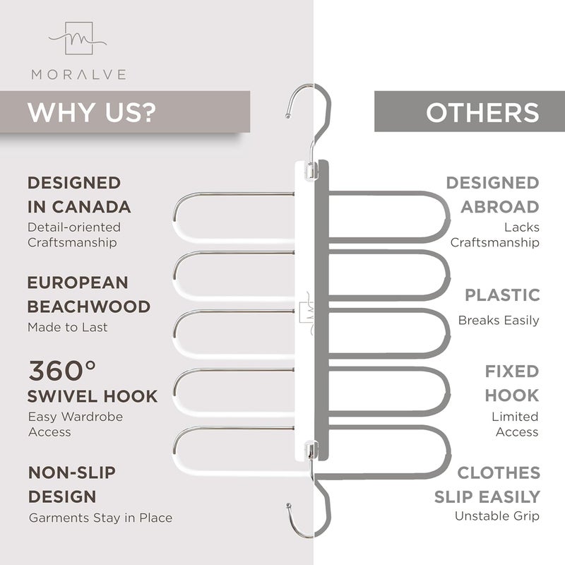 MORALVE Trouser Hangers Space Saving - Premium European Beech Wood Hangers for Trousers, Jeans & Scarves - Wardrobe Organiser with 360° Rotating Hook (Pack of 2) - Image 5
