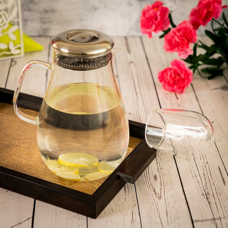 EZ Life Borosilicate Glass Glam Pitcher with Filter with Stainless Steel Lid, Cold and Hot Water Beverage Jug for Homemade IcedTea and Juice, Coffee Milk,Dishwasher safe-Transparent, 1920 ml - 1 Piece - Image 2