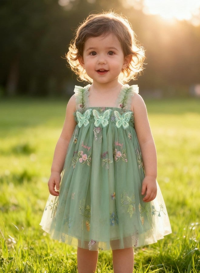 YALLET Toddler Dress Ruffle Sleeveless First Birthday Dresses Flower Embroidery Smash Cake Outfit with Butterfly Ribbon, Green, 18-24 Months - Image 2