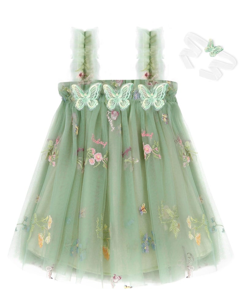 YALLET Toddler Dress Ruffle Sleeveless First Birthday Dresses Flower Embroidery Smash Cake Outfit with Butterfly Ribbon, Green, 18-24 Months - Image 1