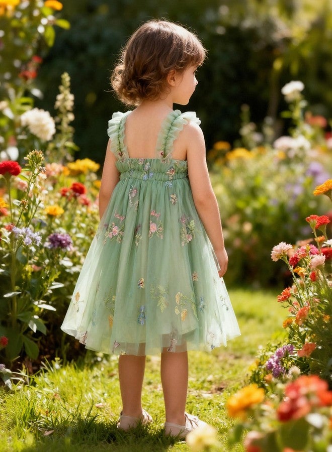 YALLET Toddler Dress Ruffle Sleeveless First Birthday Dresses Flower Embroidery Smash Cake Outfit with Butterfly Ribbon, Green, 18-24 Months - Image 3
