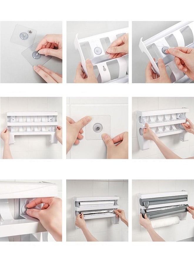 Arabest - 4 In 1 Kitchen Storage Rack Plastic Wrap Cling Film Foil Dispenser Grey/White 39X10X24cm - Image 1