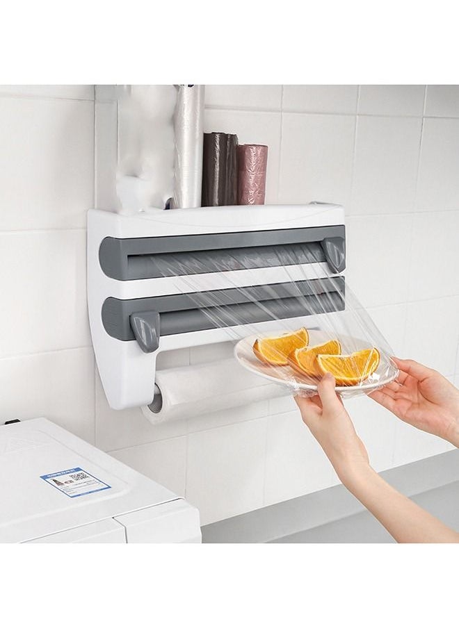 Arabest - 4 In 1 Kitchen Storage Rack Plastic Wrap Cling Film Foil Dispenser Grey/White 39X10X24cm - Image 1