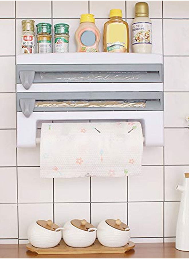 Arabest - 4 In 1 Kitchen Storage Rack Plastic Wrap Cling Film Foil Dispenser Grey/White 39X10X24cm - Image 1
