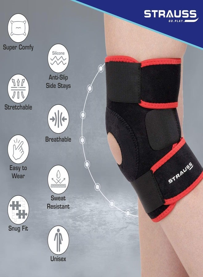 STRAUSS Adjustable Knee Support Patella | Breathable Knee Cap for Knee Pain, Gym Workout, Running, Arthritis and Protection | Knee Brace for Knee Pain Relief | For Men and Women | Size: Free Size, (Black/Red) - Image 2