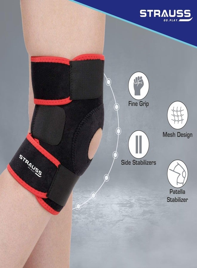 STRAUSS Adjustable Knee Support Patella | Breathable Knee Cap for Knee Pain, Gym Workout, Running, Arthritis and Protection | Knee Brace for Knee Pain Relief | For Men and Women | Size: Free Size, (Black/Red) - Image 3