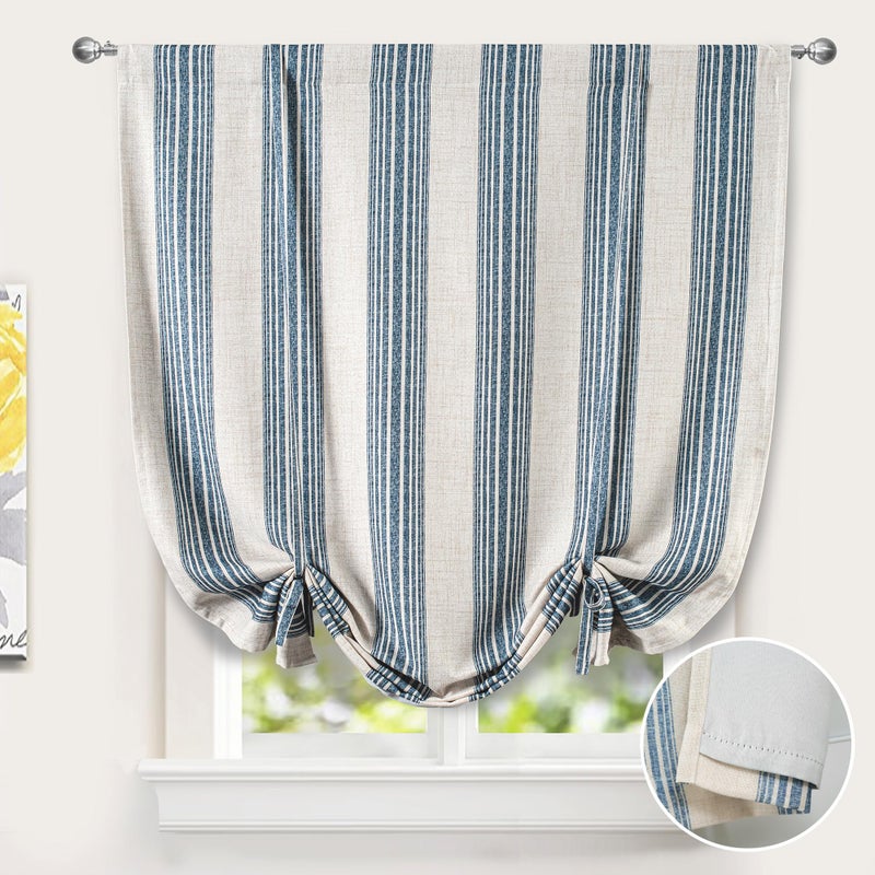 DriftAway Chris Double Layer Linen Blackout Tie Up Curtains Thermal Insulated Fully Lined Vertical Striped Balloon Roman Shade Bathroom Window Adjustable Rod Pocket 45 Inch by 63 Inch Jean Navy - Image 1