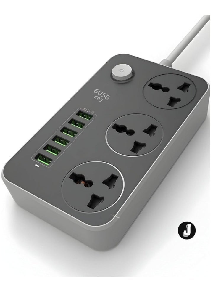 JAJEEK "NEW GLOBAL Extension Cord with 6 USB Slots & 3-Way Plug – Heavy Duty Power Strip with Surge Protector (Black)"  - Image 1