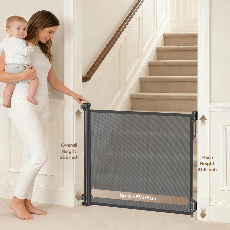 SPACEANY Retractable Safety Baby Gate or Mesh Dog Gate,Durable Portable Mesh Retractable Gate,Easy to Use for Stairs, Doorways, Hallways, Indoor, Outdoor, 33.5" Tall, Up to 45" Wide, Black - Image 2