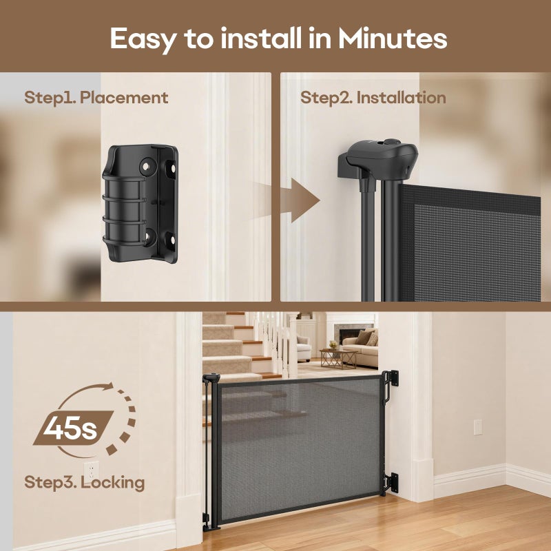 SPACEANY Retractable Safety Baby Gate or Mesh Dog Gate,Durable Portable Mesh Retractable Gate,Easy to Use for Stairs, Doorways, Hallways, Indoor, Outdoor, 33.5" Tall, Up to 45" Wide, Black - Image 4