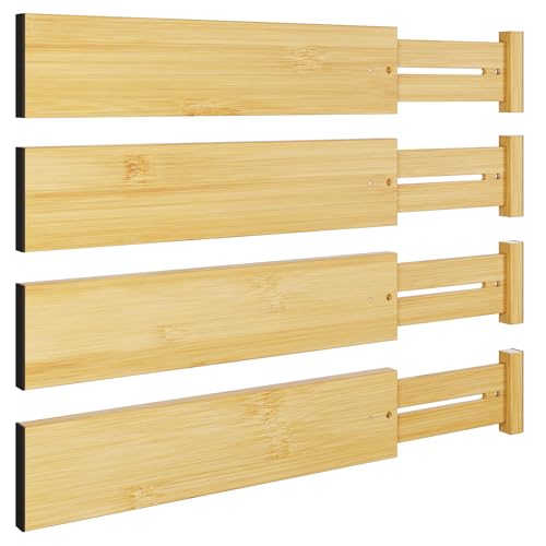 BAMEOS 4 pcs 3" High Bamboo Drawer Dividers Adjustable Drawer Organizer Expandable Drawer Organization Utensil Organizers for Kitchen Dresser Bathroom Bedroom and Office - Image 1