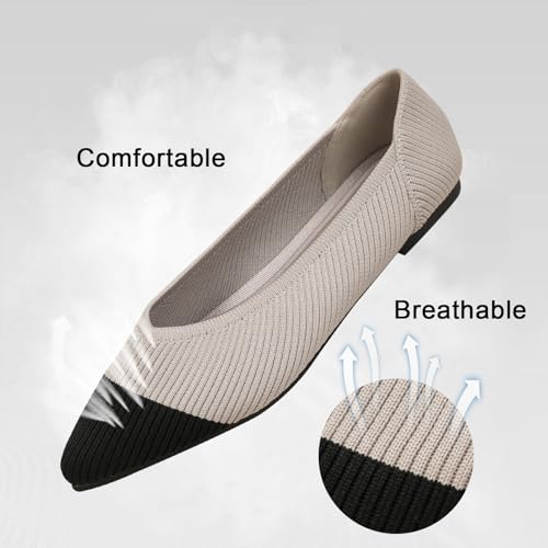 TINGRISE Women's Flats Shoes Pointed Toe Knit Ballet Comfortable Dressy Slip On Flat Black and Beige US6 - Image 3