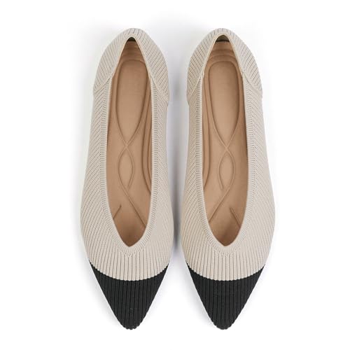 TINGRISE Women's Flats Shoes Pointed Toe Knit Ballet Comfortable Dressy Slip On Flat Black and Beige US6 - Image 1