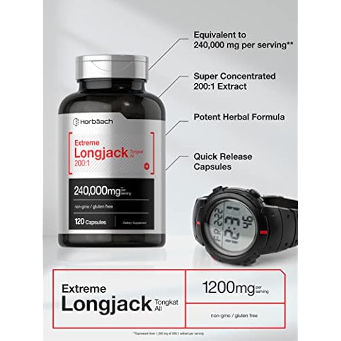 Horbäach - Longjack Tongkat Ali | 240,000 mg (200:1 Potent Extract) | 120 Capsules | Extreme Male Performance Supplement | Super Concentrated Herbal Extract Formula | Non-GMO & Gluten Free Pills - Image 3