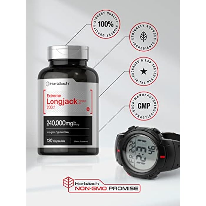 Horbäach - Longjack Tongkat Ali | 240,000 mg (200:1 Potent Extract) | 120 Capsules | Extreme Male Performance Supplement | Super Concentrated Herbal Extract Formula | Non-GMO & Gluten Free Pills - Image 5