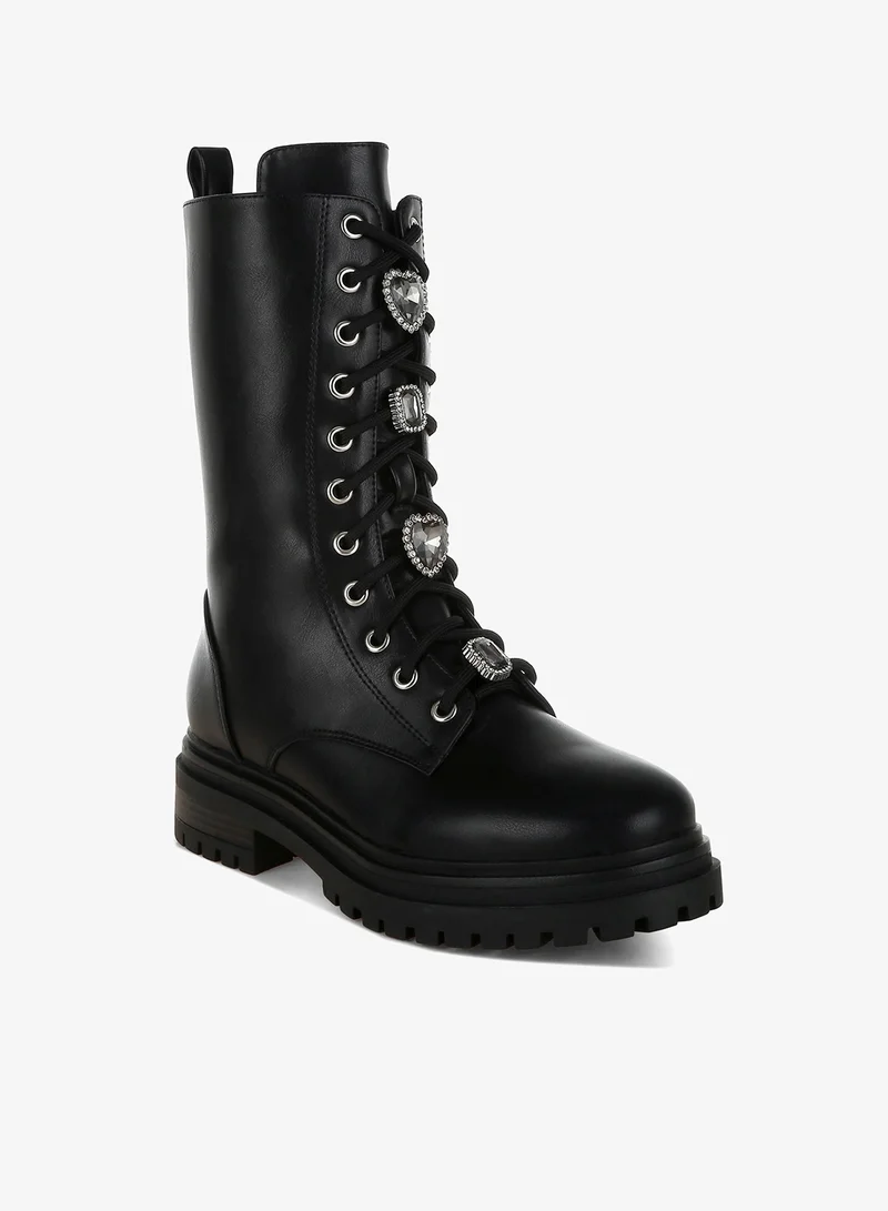 London Rag Black Rhinestone jewelled Chunky Boots in Black for Women | Best Price UAE