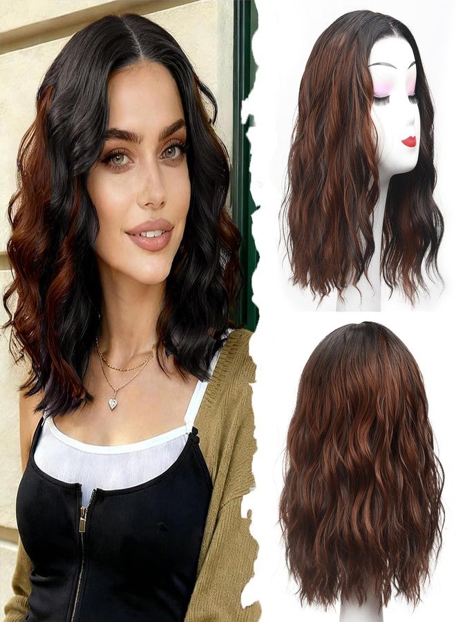 ShowCoco Black Mix Ginger Wig for Women Pre Cut Hand-Tied Lace Short Wigs for Women Wavy Natural Hairline Middle Part Hair Replacement Wigs for Beginners 14 Inch Synthetic Wig 3 Seconds Wear for Daily - Image 1