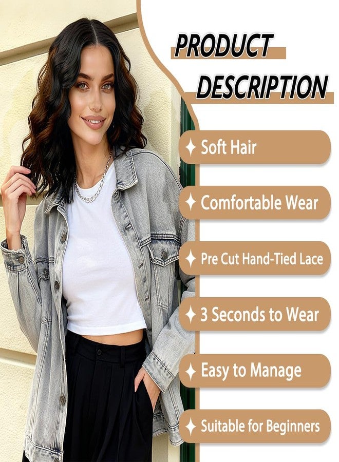ShowCoco Black Mix Ginger Wig for Women Pre Cut Hand-Tied Lace Short Wigs for Women Wavy Natural Hairline Middle Part Hair Replacement Wigs for Beginners 14 Inch Synthetic Wig 3 Seconds Wear for Daily - Image 2