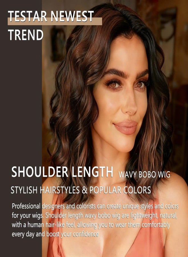 ShowCoco Black Mix Ginger Wig for Women Pre Cut Hand-Tied Lace Short Wigs for Women Wavy Natural Hairline Middle Part Hair Replacement Wigs for Beginners 14 Inch Synthetic Wig 3 Seconds Wear for Daily - Image 4