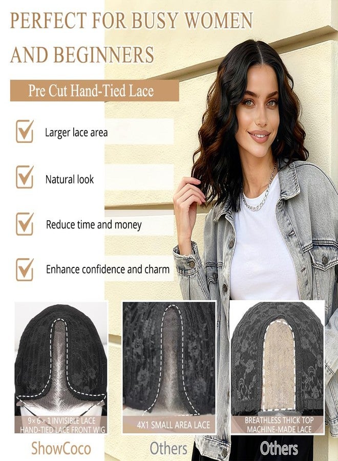 ShowCoco Black Mix Ginger Wig for Women Pre Cut Hand-Tied Lace Short Wigs for Women Wavy Natural Hairline Middle Part Hair Replacement Wigs for Beginners 14 Inch Synthetic Wig 3 Seconds Wear for Daily - Image 3