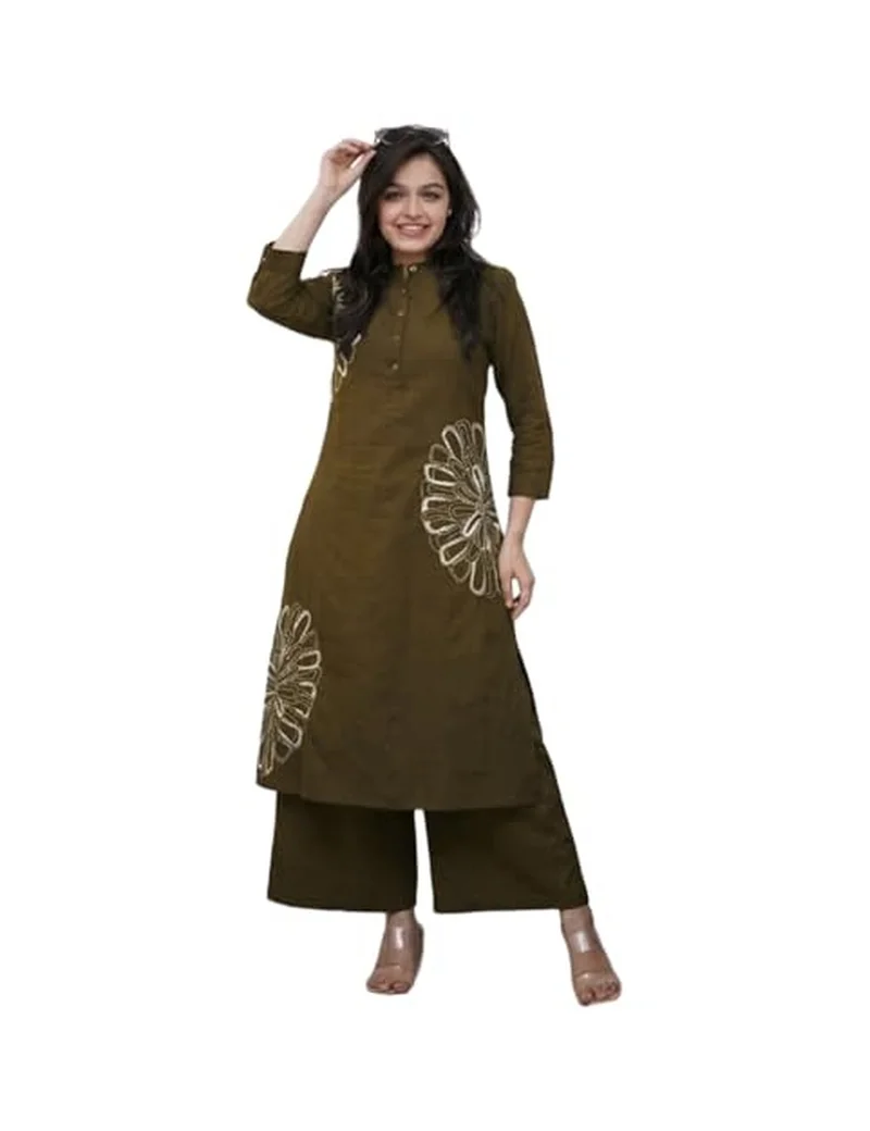 Gosriki GoSriKi Women's Cotton Blend A-Line Embroidered Kurta with Palazzo
