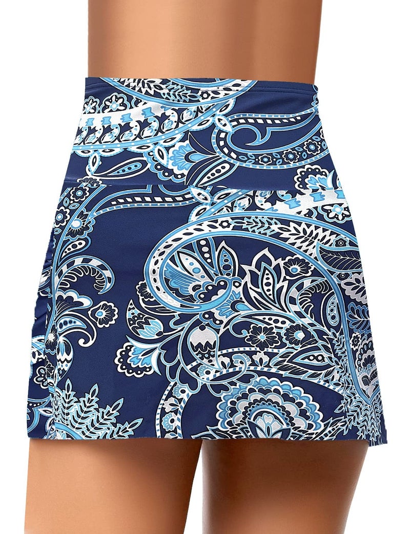 GRAPENT Women's High Waist Tulip Hem Shirring Swim Skirt Swimsuit Bikini Bottom Skirted Tankini Bottom Color Paisley Blue Size M Medium US 8 - US 10 - Image 2