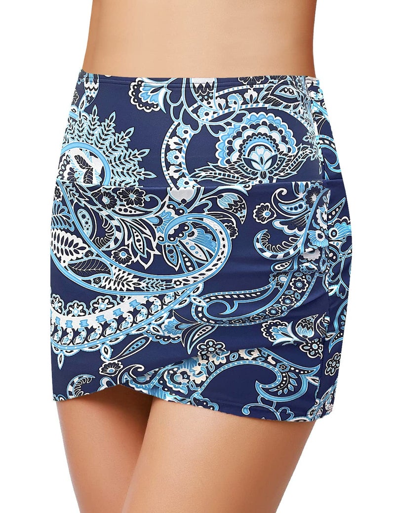 GRAPENT Women's High Waist Tulip Hem Shirring Swim Skirt Swimsuit Bikini Bottom Skirted Tankini Bottom Color Paisley Blue Size M Medium US 8 - US 10 - Image 3
