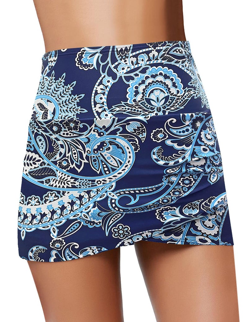 GRAPENT Women's High Waist Tulip Hem Shirring Swim Skirt Swimsuit Bikini Bottom Skirted Tankini Bottom Color Paisley Blue Size M Medium US 8 - US 10 - Image 1