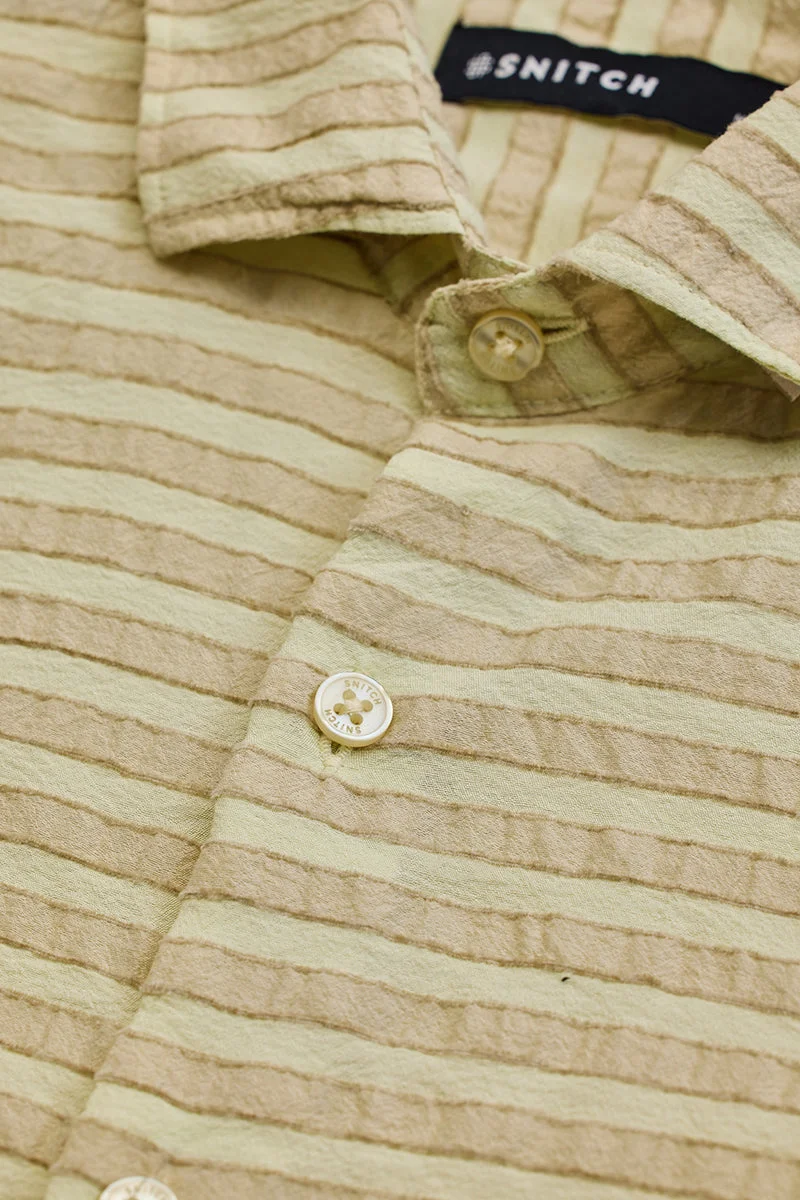 SNITCH Beige Striped Long Sleeve Slim Fit Casual Shirt