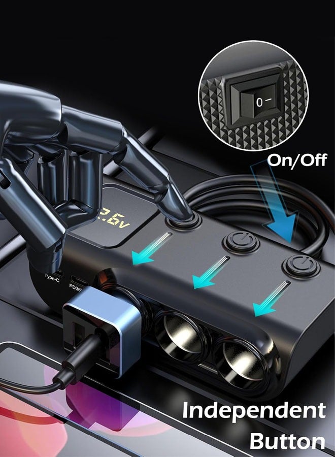 Joshberg 120W Car Charger,8 in 1 Ciga Lighter Splitter,3 Socket Car Charger Adapter, Type-C QC3.0 PD36W Dual USB Charger Port, Car 12V/24V Plug Outlet with Independent Switches, LED Voltmeter(3.3FT Cable) - Image 2