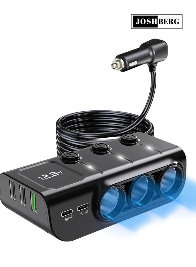 Joshberg 120W Car Charger,8 in 1 Ciga Lighter Splitter,3 Socket Car Charger Adapter, Type-C QC3.0 PD36W Dual USB Charger Port, Car 12V/24V Plug Outlet with Independent Switches, LED Voltmeter(3.3FT Cable) - Image 1