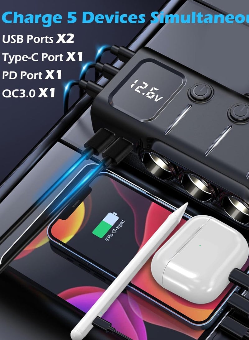 Joshberg 120W Car Charger,8 in 1 Ciga Lighter Splitter,3 Socket Car Charger Adapter, Type-C QC3.0 PD36W Dual USB Charger Port, Car 12V/24V Plug Outlet with Independent Switches, LED Voltmeter(3.3FT Cable) - Image 3