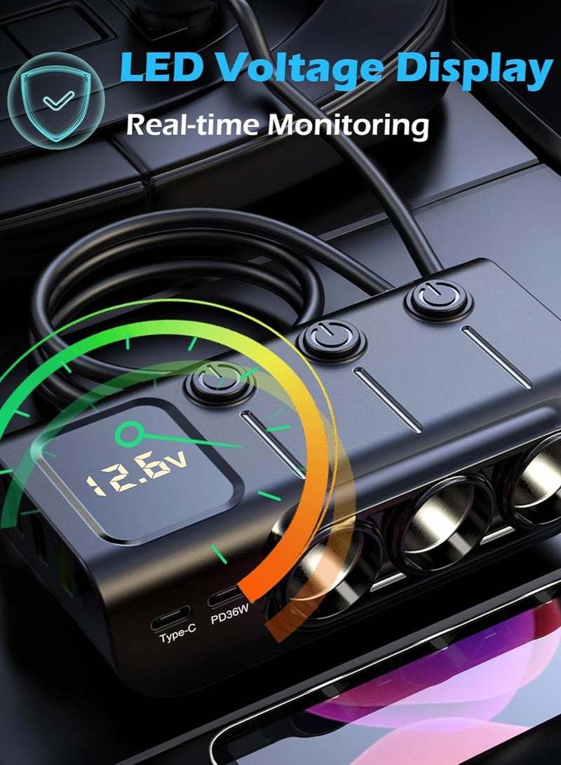 Joshberg 120W Car Charger,8 in 1 Ciga Lighter Splitter,3 Socket Car Charger Adapter, Type-C QC3.0 PD36W Dual USB Charger Port, Car 12V/24V Plug Outlet with Independent Switches, LED Voltmeter(3.3FT Cable) - Image 4