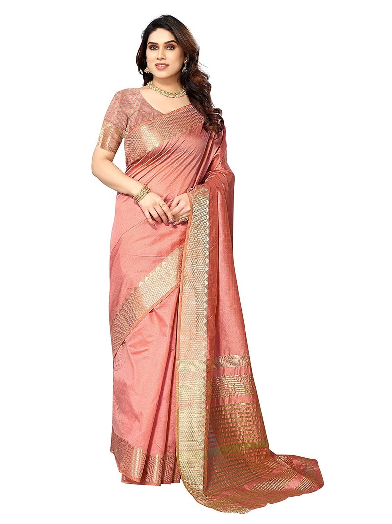 Sidhidata Women's Peach Assam Silk Saree with Unstitched Blouse Piece - Image 3