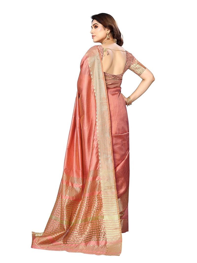 Sidhidata Women's Peach Assam Silk Saree with Unstitched Blouse Piece - Image 5