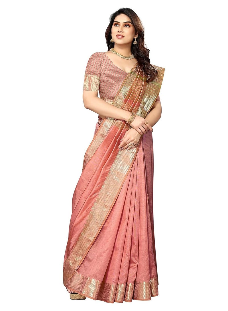 Sidhidata Women's Peach Assam Silk Saree with Unstitched Blouse Piece - Image 1