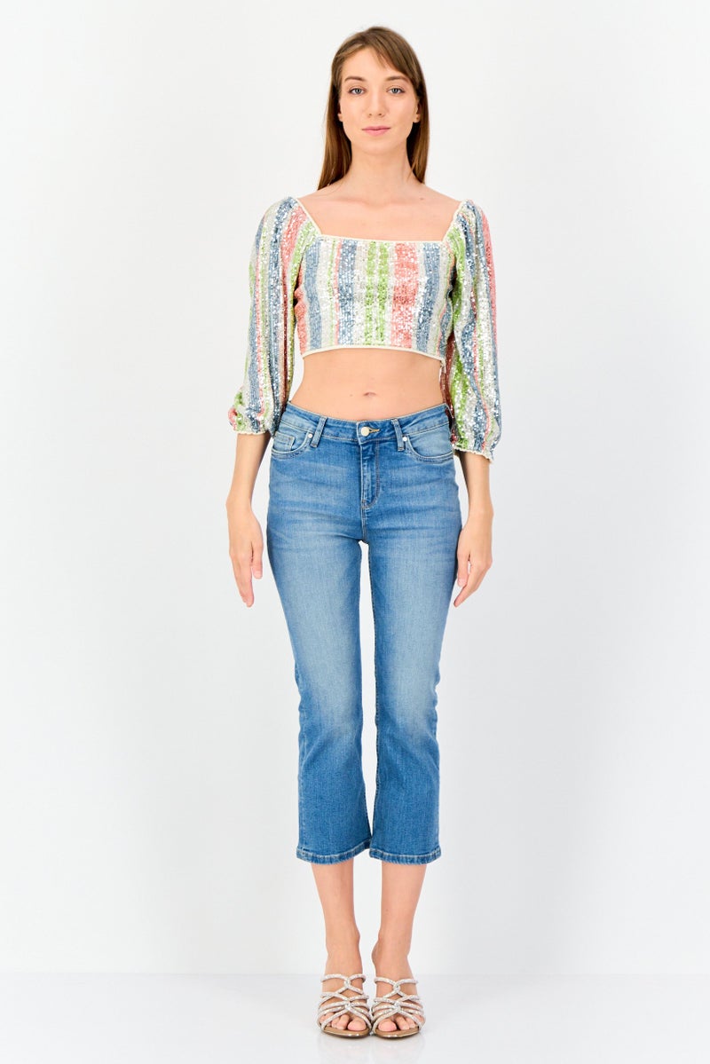 ONLY Women Square Neck Long Sleeve Sequence Crop Top, Multicolor - Image 2
