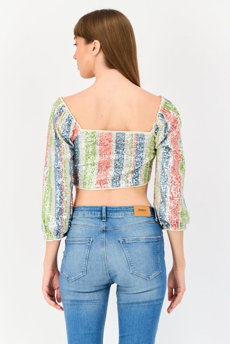 ONLY Women Square Neck Long Sleeve Sequence Crop Top, Multicolor - Image 3