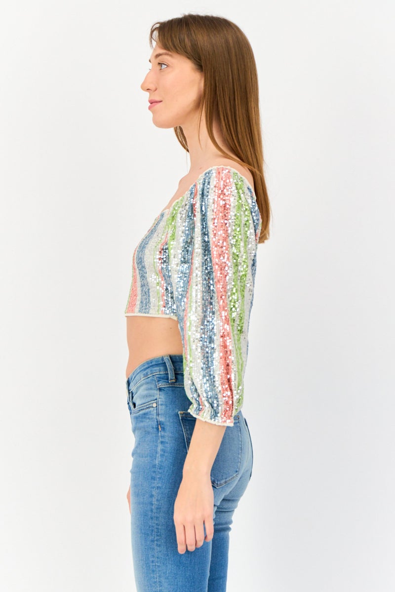 ONLY Women Square Neck Long Sleeve Sequence Crop Top, Multicolor - Image 2