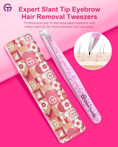 GlamTweeler Expert Eyebrow Hair Removal Tweezer with Leather Case GlamTweeler High Precision Slant Tip Stainless Steel Tweezers for Men and Women Cherry Blossom Pink - Image 3