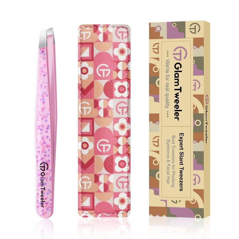 GlamTweeler Expert Eyebrow Hair Removal Tweezer with Leather Case GlamTweeler High Precision Slant Tip Stainless Steel Tweezers for Men and Women Cherry Blossom Pink - Image 2