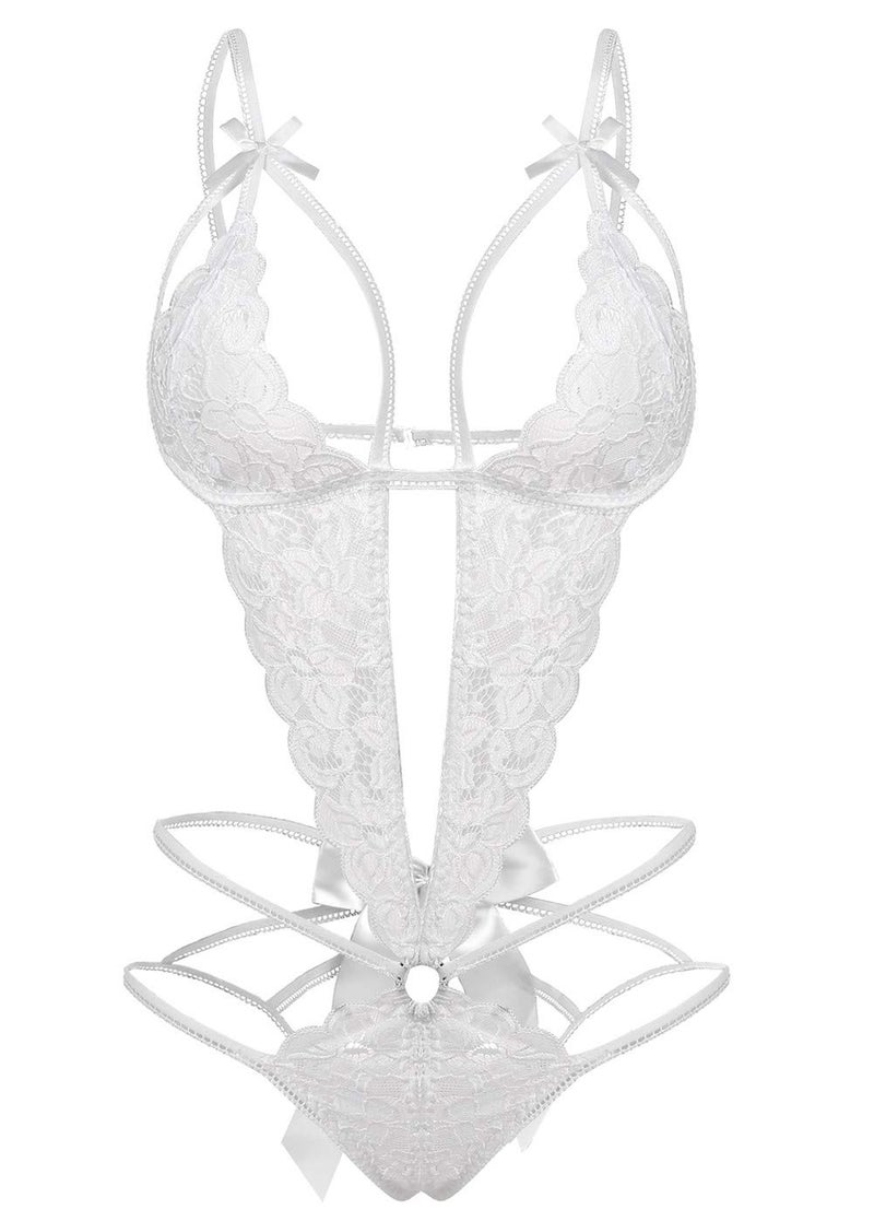 Donnalla Lingerie for Women Deep V Lace Teddy One Piece Lingerie Bodysuit Babydoll Teddy Underwear White M - Image 1